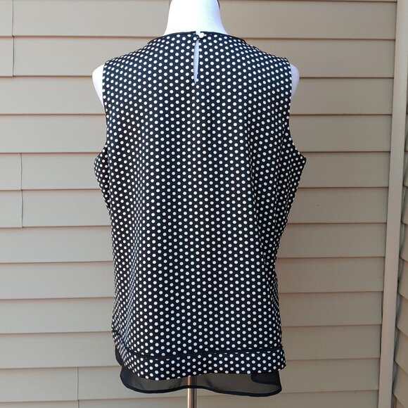 Calvin Klein Black Polka-Dot Shell Blouse Sleeveless Chiffon Trim Satin - Picture 8 of 14